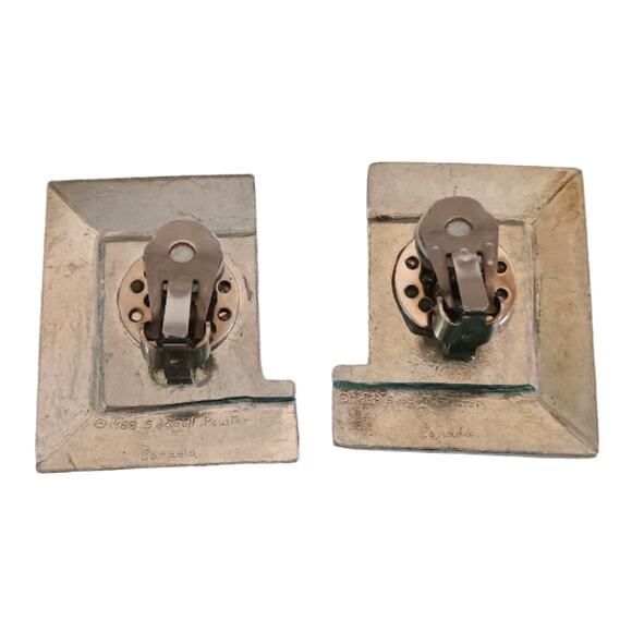 Vintage Seagull Pewter Modernist Geometric Earrings 1988 Signed Clip-On - Picture 7 of 9